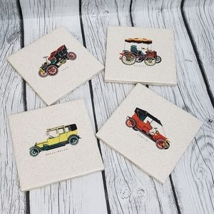 4 Decorative Vintage 4.25” Antique Car Automobile Ceramic Tile Set